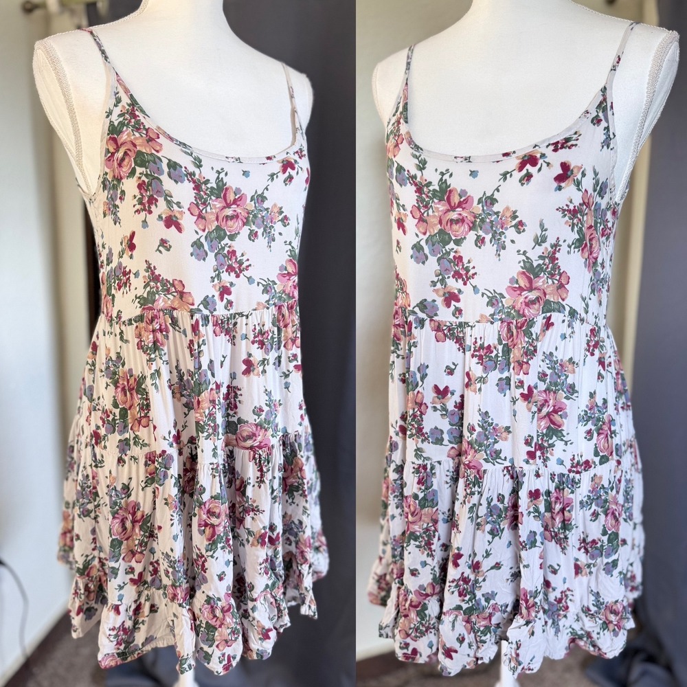 Brandy Melville Floral Mini Dress Small Cream Pink Rose Open Back Tiered - Picture 3 of 6